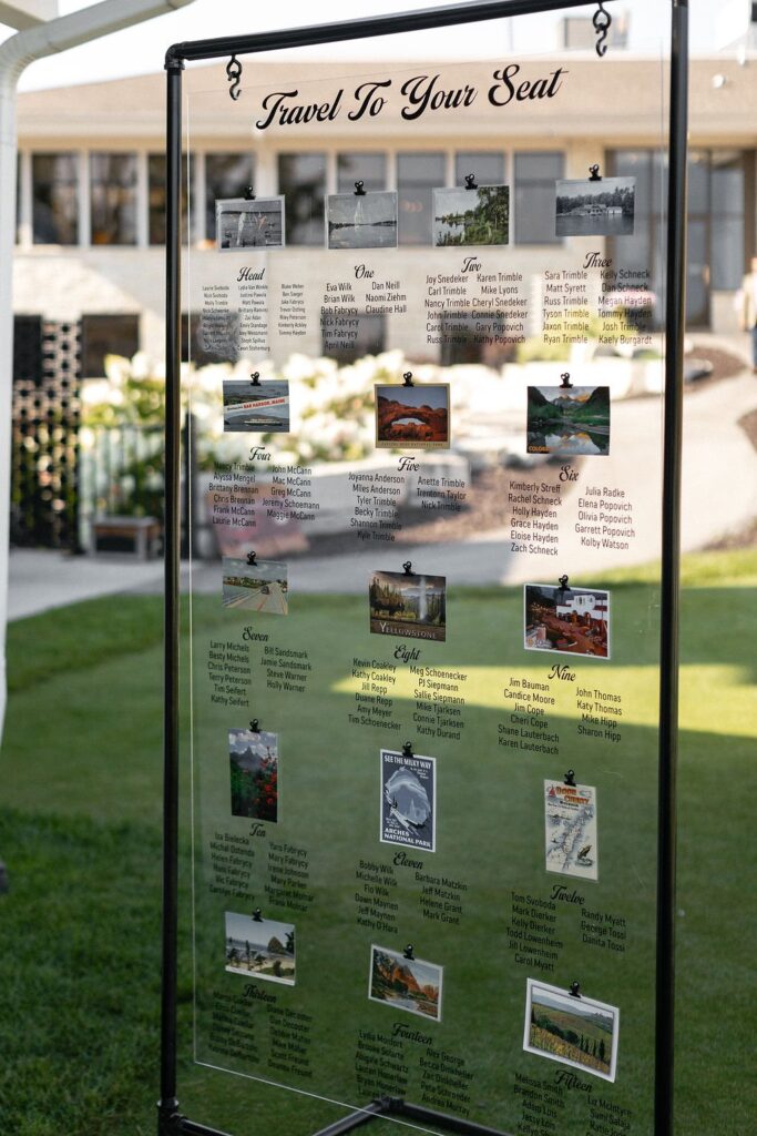 table assignments at at their outdoor wedding venue in Milwaukee