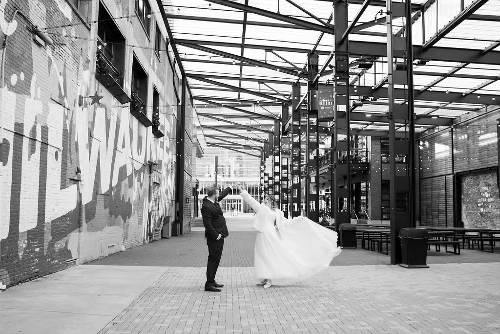 Couple dancing at their indoor wedding venue in  Downtown Milwaukee