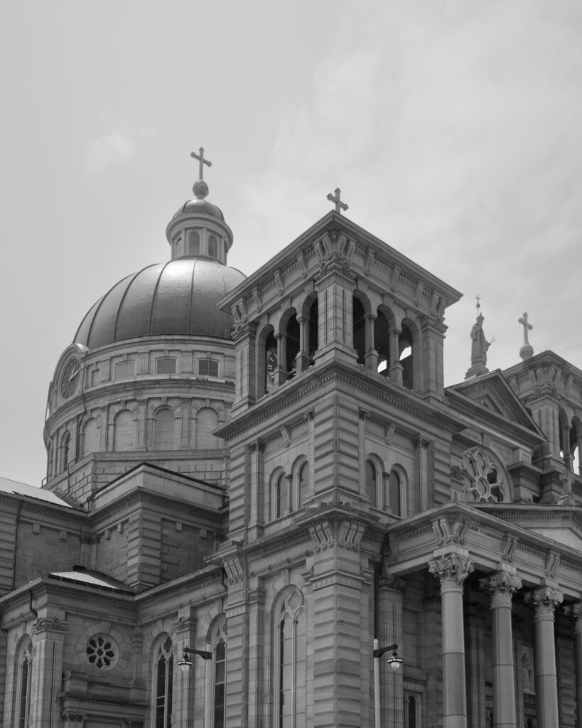 Black and white historic church set for an indoor wedding venue