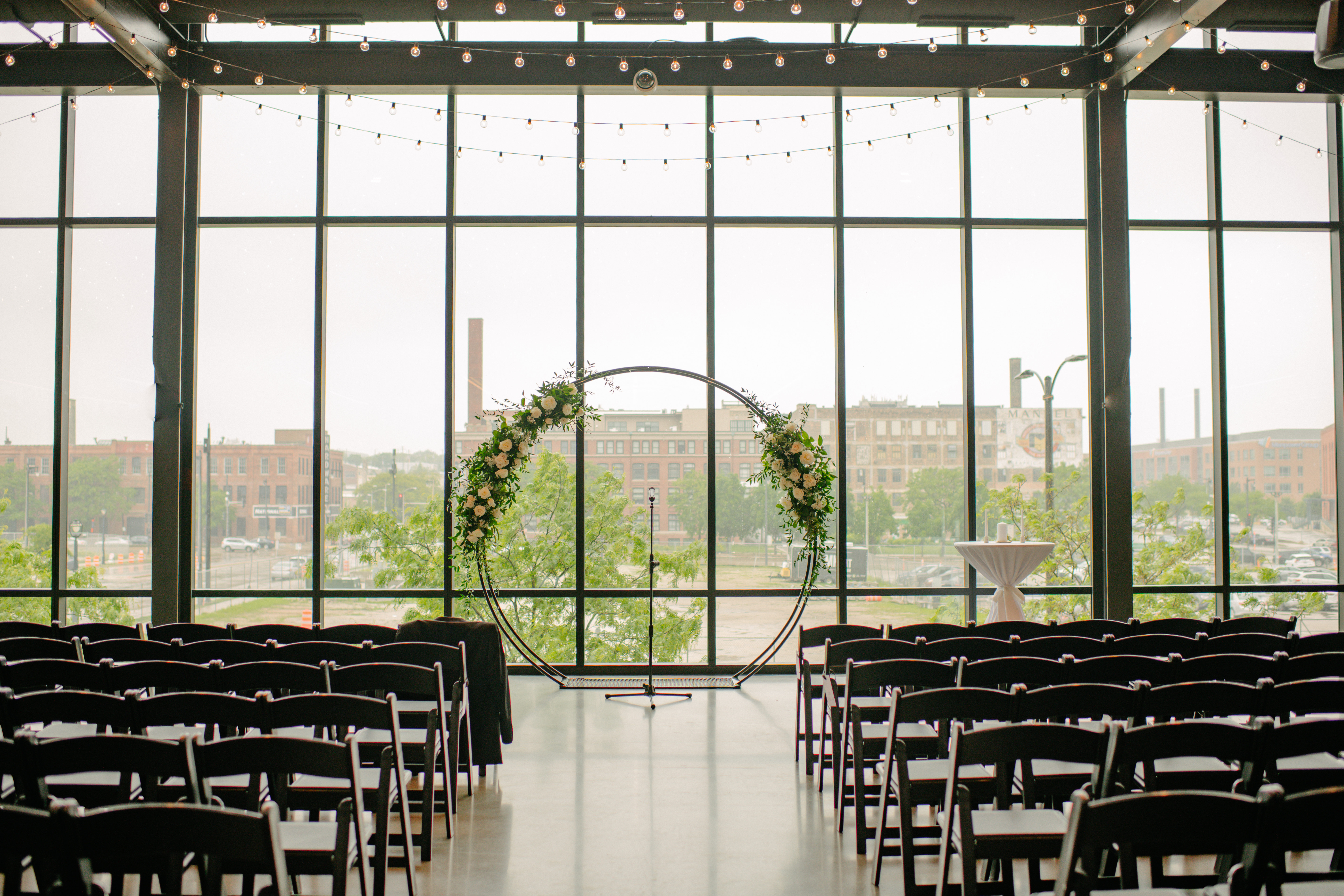 wedding ceremony set up at indoor wedding venue in milwaukee